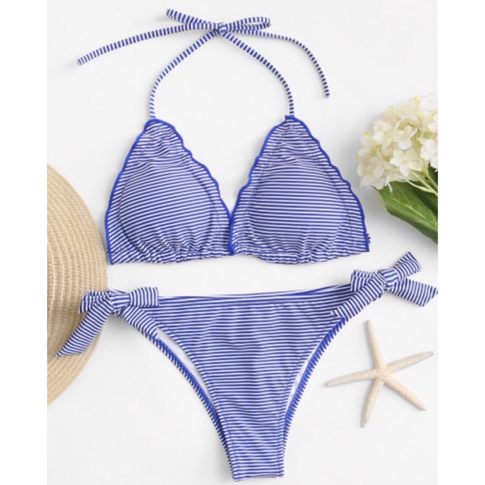 Striped Self Tie Bikini Set - Picture 1 of 5